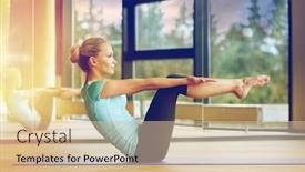  Presentation with abdominal - Cool new slide deck with fitness sport training and people concept - smiling woman doing abdominal exercises on mat in gym backdrop and a soft green colored foreground