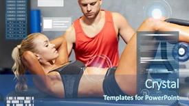  Presentation with personal training - PPT theme enhanced with fitness sport training and people concept - woman with personal trainer doing sit ups in gym over virtual charts background and a ocean colored foreground
