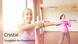  Presentation with group training - Colorful PPT layouts enhanced with women working out in gym backdrop and a coral colored foreground