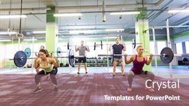  Presentation with group training - Slides with fitness sport training exercising and lifestyle concept - group of people with barbells doing squats in gym background and a violet colored foreground