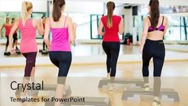  Presentation with group training - Cool new PPT layouts with fitness sport training gym and lifestyle concept - group of smiling people doing aerobic backdrop and a soft green colored foreground