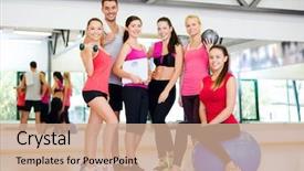  Presentation with group training - Presentation design having team fit together - fitness sport training gym background and a coral colored foreground