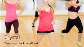  Presentation with group training - Slide set enhanced with fitness sport training gym and lifestyle concept - group of concentrated people with trainer exercising in the gym background and a coral colored foreground