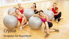  Presentation with pilates - PPT layouts enhanced with fitness sport training gym and lifestyle concept - group of smiling people working out in pilates class background and a yellow colored foreground