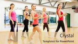  Presentation with group training - Slides enhanced with fitness sport training gym and lifestyle concept - group of smiling people with instructor working out with rubber bands in the gym background and a lemonade colored foreground