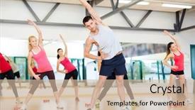  Presentation with group training - Beautiful presentation design featuring fitness sport training gym and lifestyle concept - group of smiling women stretching in the gym backdrop and a soft green colored foreground