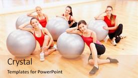  Presentation with pilates - Amazing presentation design having fitness sport training gym and lifestyle concept - group of smiling people working out in pilates class backdrop and a coral colored foreground