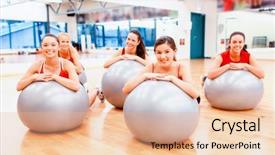 Presentation with pilates - Cool new slide set with fitness sport training gym and lifestyle concept - group of smiling people working out in pilates class backdrop and a lemonade colored foreground