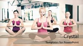  Presentation with group training - Slides with fitness sport training gym and lifestyle concept - group of smiling women with trainer meditating in yoga pose background and a soft green colored foreground