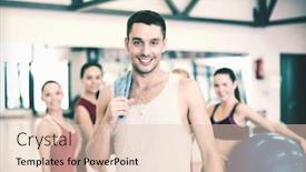 Presentation with group training - Beautiful presentation theme featuring fitness sport training gym and lifestyle concept - smiling man standing in front of the group of people in gym backdrop and a lemonade colored foreground