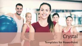  Presentation with group training - Amazing presentation theme having fitness sport training gym and lifestyle concept - smiling woman standing in front of the group of people in gym backdrop and a coral colored foreground