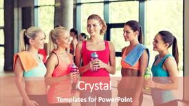  Presentation with group training - Cool new theme with fitness sport training gym and lifestyle concept - group of women with bottles of water in gym backdrop and a coral colored foreground
