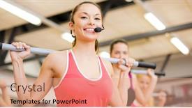  Presentation with group training - Presentation design consisting of fitness sport training gym and lifestyle concept - smiling trainer in front of the group of people working out with barbells in the gym background and a coral colored foreground