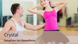  Presentation with gym ball - Presentation theme featuring fitness sport training gym and lifestyle concept - male trainer with woman doing crunches on the ball background and a soft green colored foreground