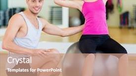  Presentation with gym ball - PPT theme consisting of fitness sport training gym and lifestyle concept - male trainer with woman doing crunches on the ball background and a coral colored foreground