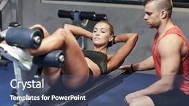  Presentation with personal training - PPT layouts consisting of fitness sport training gym and lifestyle concept - woman with personal trainer doing sit ups in gym background and a ocean colored foreground