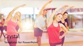  Presentation with group training - Colorful slide deck enhanced with fitness sport training gym and lifestyle concept - group of smiling people stretching in the gym backdrop and a coral colored foreground