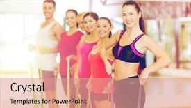  Presentation with group training - Slides having fitness sport training gym and lifestyle concept - group of smiling people working out with rubber bands in the gym background and a coral colored foreground