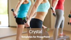  Presentation with flexing - Theme featuring fitness sport training people and lifestyle concept - group of women working out with dumbbells and steppers flexing muscles in gym background and a coral colored foreground