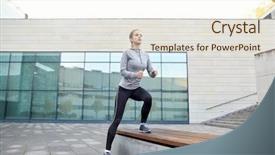  Presentation with step - Slide deck enhanced with fitness sport training people and lifestyle concept - young woman making step exercise on city street bench background and a cream colored foreground