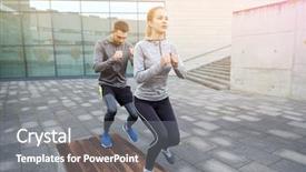  Presentation with step - Cool new slide set with fitness sport training people and lifestyle concept - couple making step exercise on city street bench backdrop and a gray colored foreground
