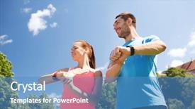  Presentation with heart rate - Theme with fitness sport training technology and lifestyle concept - two smiling people with heart rate watches outdoors background and a teal colored foreground