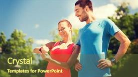  Presentation with heart rate - Cool new presentation theme with fitness sport training technology and lifestyle concept - two smiling people with heart rate watches outdoors backdrop and a tawny brown colored foreground