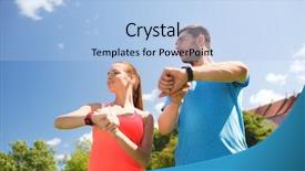  Presentation with heart rate - Cool new slide set with fitness sport training technology and lifestyle concept - two smiling people with heart rate watches outdoors backdrop and a light blue colored foreground