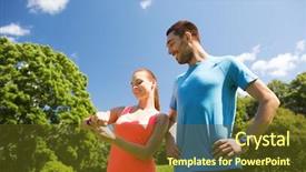  Presentation with heart rate - Colorful presentation design enhanced with fitness sport training technology and lifestyle concept - two smiling people with heart rate watches outdoors backdrop and a tawny brown colored foreground