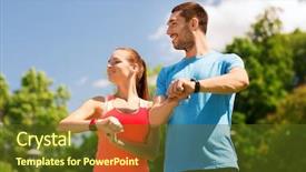 Presentation with heart rate - PPT layouts featuring fitness sport training technology and lifestyle concept - two smiling people with heart rate watches outdoors background and a tawny brown colored foreground