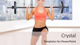  Presentation with weightlifting barbell - Presentation theme consisting of fitness sport weightlifting and people concept - sporty woman exercising with barbell over gym background background and a lemonade colored foreground