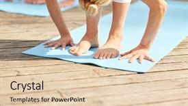  Presentation with group fitness - Slide deck having fitness sport yoga and healthy lifestyle concept - group of people making standing forward bend on mat outdoors background and a lemonade colored foreground