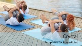  Presentation with knee - PPT theme having fitness sport yoga and healthy lifestyle concept - group of people making knee press pose on river or lake berth background and a light blue colored foreground