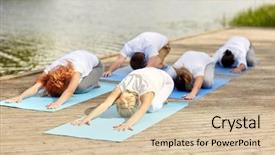  Presentation with childs - Presentation design featuring fitness sport yoga and healthy lifestyle concept - group of people making childs pose on river or lake berth background and a soft green colored foreground