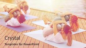  Presentation with healthy lifestyle - Audience pleasing theme consisting of fitness sport yoga and healthy lifestyle concept - group of people making knee press pose on river or lake berth backdrop and a coral colored foreground