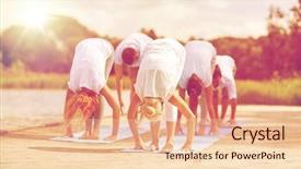  Presentation with group fitness - Theme enhanced with fitness sport yoga and healthy lifestyle concept - group of people making standing forward bend on river or lake berth background and a lemonade colored foreground