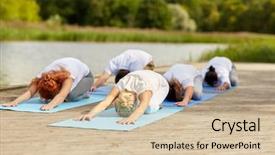  Presentation with childs - Audience pleasing PPT layouts consisting of fitness sport yoga and healthy lifestyle concept - group of people making childs pose on river or lake berth backdrop and a soft green colored foreground