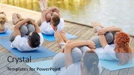  Presentation with press - Audience pleasing PPT theme consisting of fitness sport yoga and healthy lifestyle concept - group of people making knee press pose on river or lake berth backdrop and a light blue colored foreground