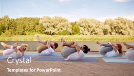  Presentation with press - Colorful theme enhanced with fitness sport yoga and healthy lifestyle concept - group of people making knee press pose on river or lake berth backdrop and a coral colored foreground