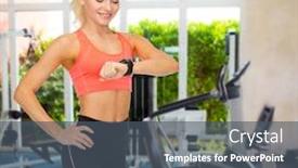  Presentation with heart rate monitor - PPT theme having fitness technology and exercising concept - smiling woman looking at heart rate monitor on hand background and a dark gray colored foreground