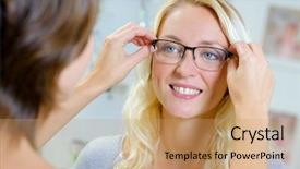  Presentation with remote medical fitting - PPT theme having fitness testing - fitting glasses onto a lady background and a coral colored foreground