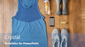  Presentation with fitness clothing - Audience pleasing presentation design consisting of fitness tracker and sports clothing with dumbbells on wooden floor top view backdrop and a teal colored foreground