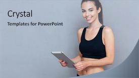  Presentation with camera - Colorful PPT theme enhanced with fitness trainer - beautiful young sportswoman using pc backdrop and a  colored foreground