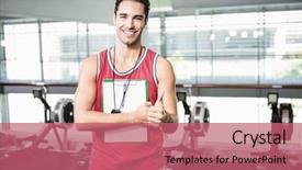  Presentation with five business people standing together and smiling - PPT layouts consisting of fitness trainer - smiling man standing with clipboard background and a coral colored foreground