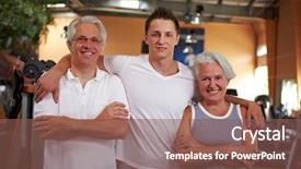  Presentation with fitness for senior citizens - Presentation design featuring fitness trainer and two seniors background and a violet colored foreground