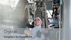  Presentation with trainer - Presentation theme enhanced with fitness-trainer-assisting-a-muslim background and a light gray colored foreground