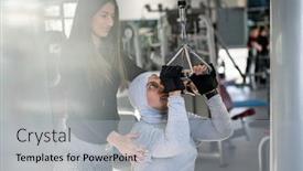  Presentation with trainer - Presentation theme consisting of fitness-trainer-assisting-a-muslim background and a light gray colored foreground