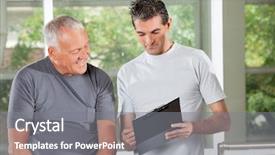  Presentation with senior fitness - Slide set featuring fitness trainer explaining training plan background and a gray colored foreground