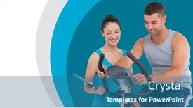 Presentation with exercise bike - PPT layouts having fitness trainer man and woman with minimal shapes on exercise bike background and a ocean colored foreground