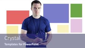  Presentation with minimal - Cool new slide deck with fitness trainer man with minimal shapes writing on chart backdrop and a navy blue colored foreground
